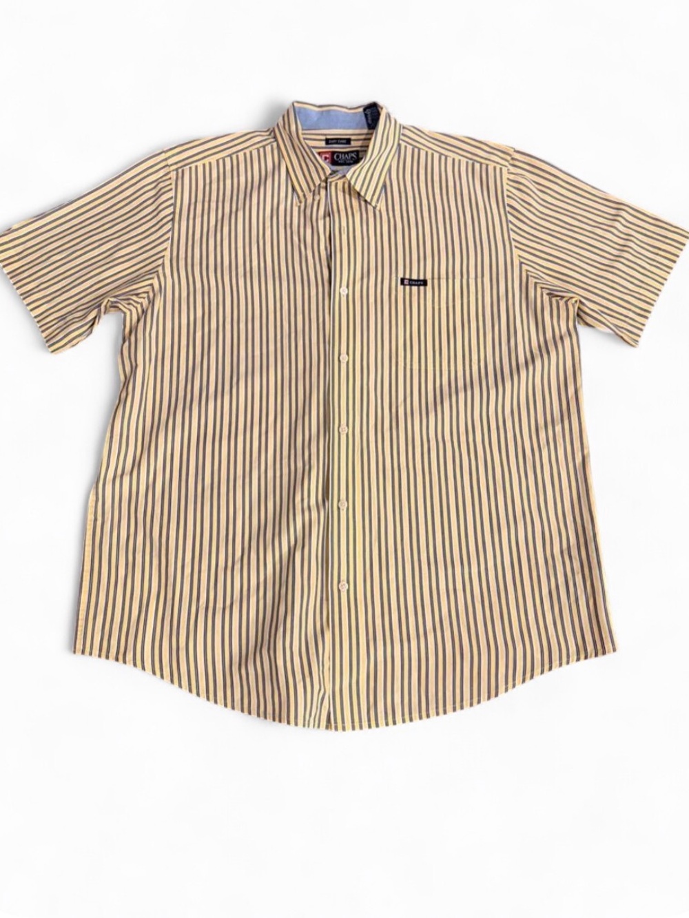 Chaps Men’s Yellow and Navy Striped Short-Sleeve Button-Down Shirt XL